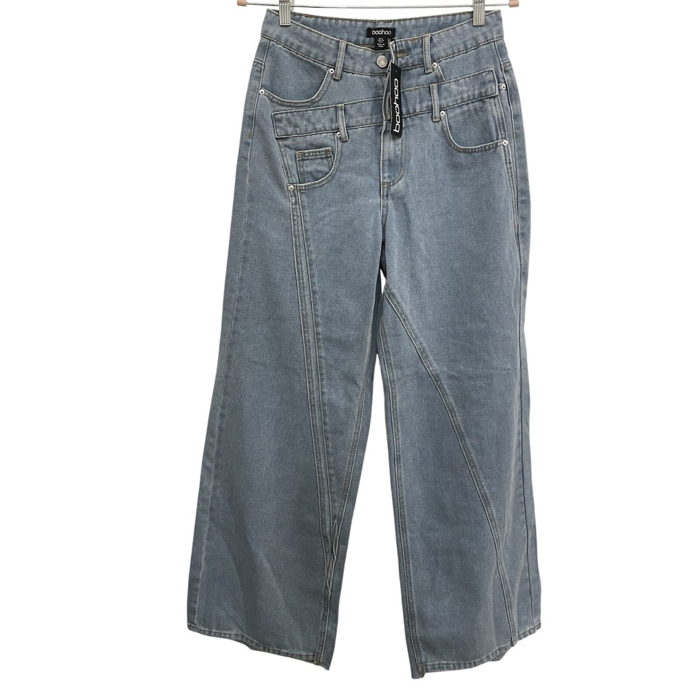 NEW Boohoo Wide Leg Jeans Women's 4 Light Blue Double Waistband